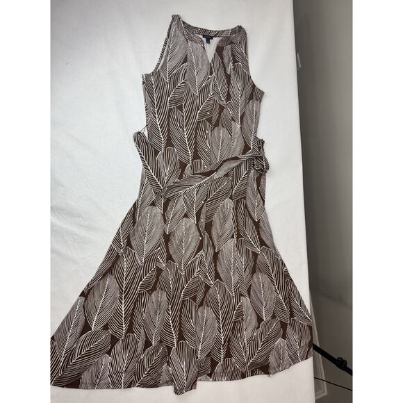 Talbots Jersey Shirtdress Linear Palms Neutral Boho Tie Packable Brown Medium - Picture 4 of 9